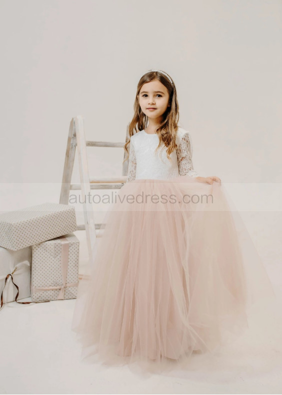Ivory Lace Dusty Pink Tulle Wedding Party Flower Girl Dress Ivory Lace Dusty Pink Tulle Wedding Party Flower Girl Dress